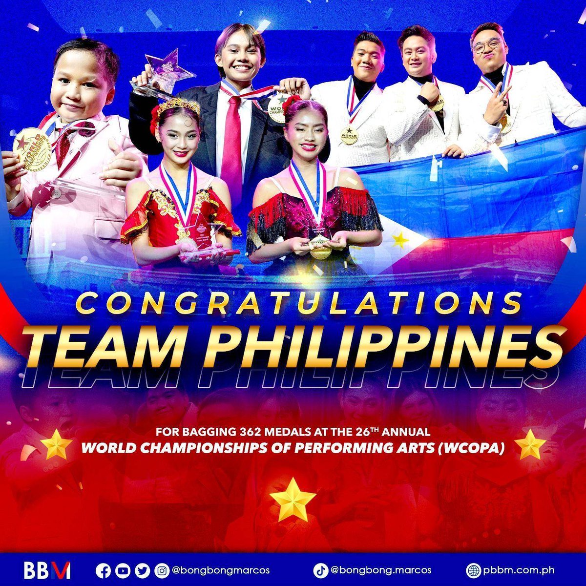 bongbongmarcos's tweet photo. We take pride in celebrating our Filipino talents for their achievement of winning 362 medals at the 26th Annual WCOPA in California!

As you continue to captivate the world with your creativity, rest assured that your government is steadfastly behind you, offering our utmost support.