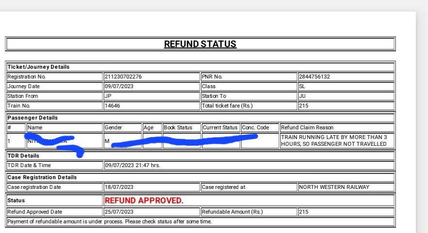 Nsmudgal's tweet photo. @RailMinIndia @DRMJaipur @AshwiniVaishnaw 
Refund approved date 25/07/2023 

Still not received refund. Don't know how much more time I need to wait. https://t.co/8jEVBcthw6