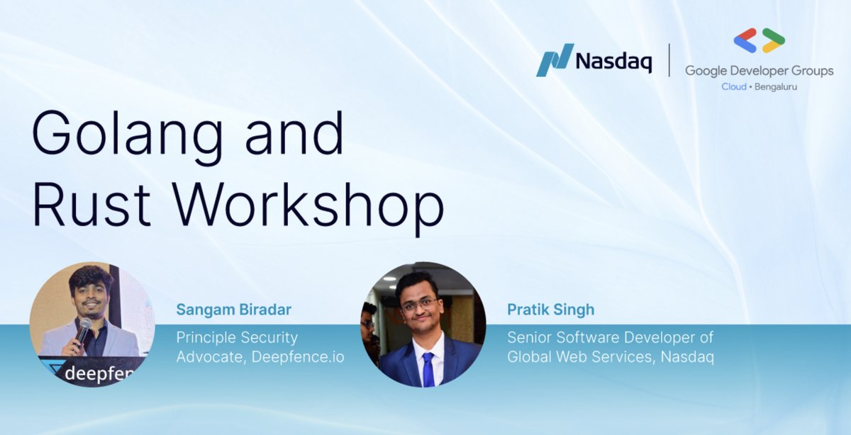 Your Boy is hosting his first professional event.

We at @Nasdaq along with @gdgcblr are hosting a hands-on workshop on Go and Rust.

The speaker will be @sangamtwts! 
*🥹excited and nervous at the same time🤞*

#OneNasdaq #NasdaqBangalore #NasdaqIndia #Nasdaq #RewriteTomorrow