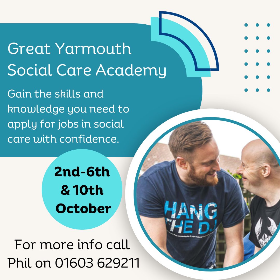 Know anyone interested in a career in social care? Our next adult social care academy starts on the 2nd of October in Great Yarmouth! Apply here: norfolkandsuffolkcaresupport.co.uk/care-careers/c… @JCPInEastAnglia @EastCoast_Coll @CareSectorNfk #socialcare #careacademy #greatyarmouth