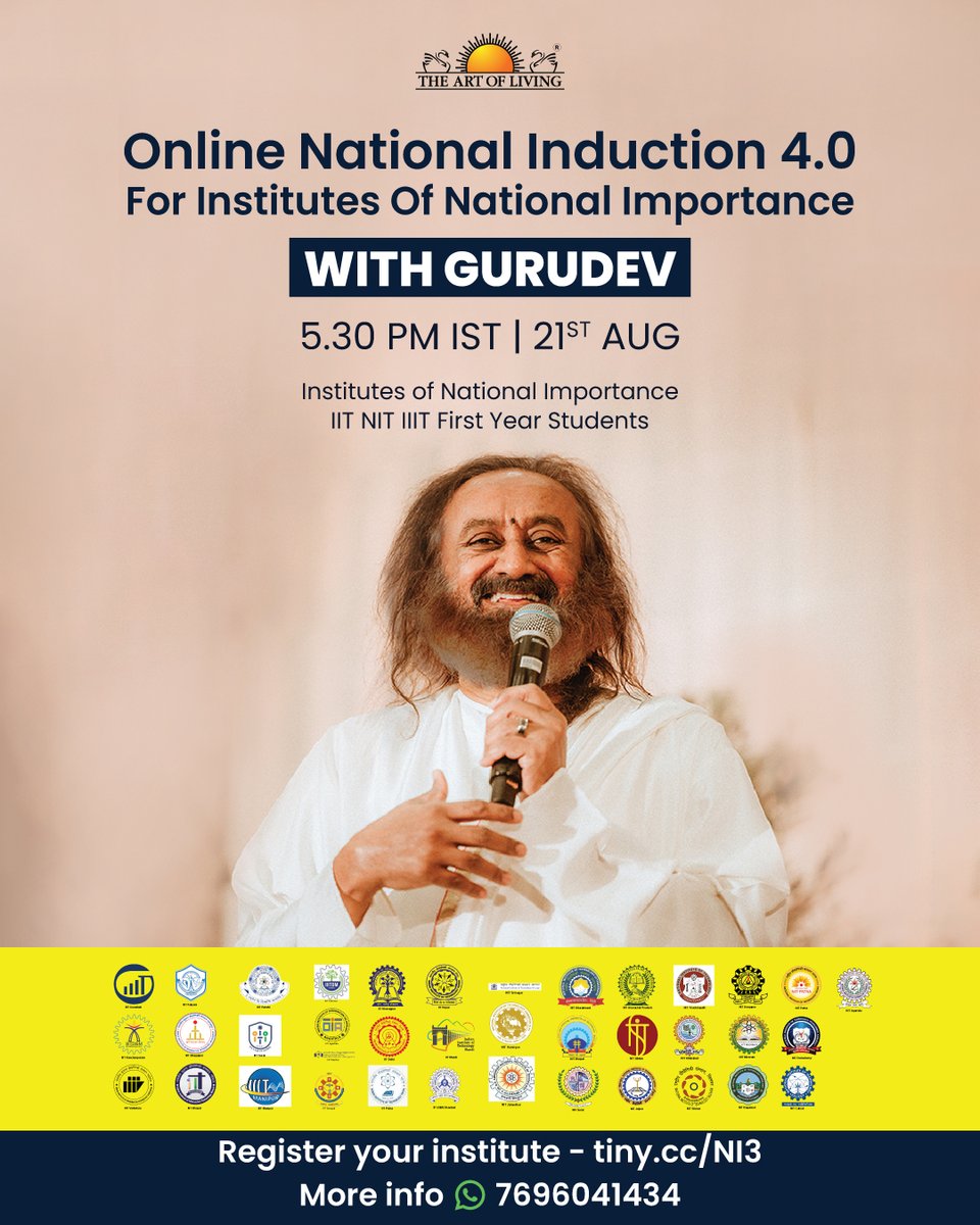 NIT_Mizoram's tweet photo. Art of Living by Sri Sri Gurudev Ravishankar ji will be live streaming on Aug 21, 2023 at 5:30 PM. Students can ask questions to Gurudev through the following google form.
https://t.co/inlnBWY33w
@srisri
@artofliving
@OfficeOfGurudev @EduMinOfIndia https://t.co/nPeiLq0Drn