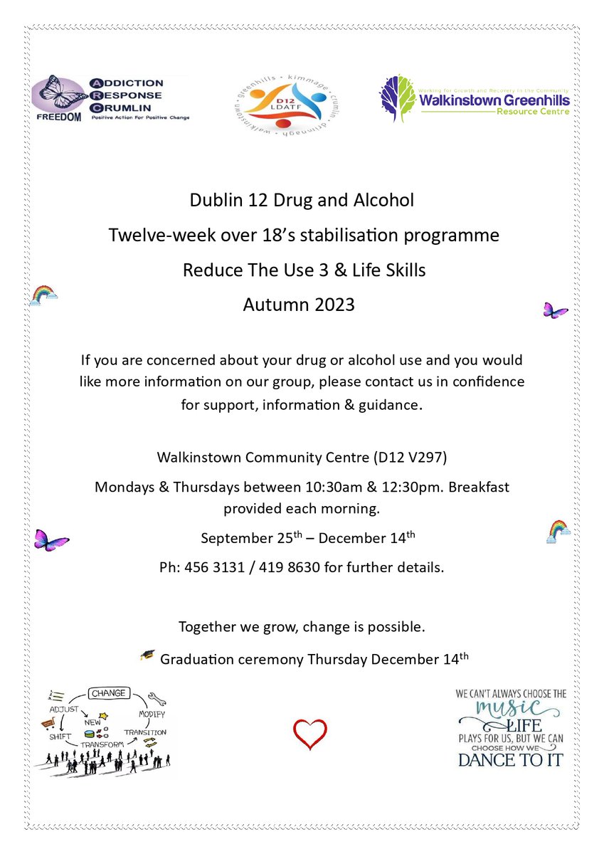 WGRC_D12's tweet photo. Starting 25th September, a 12 week stabilisation program held on Mondays and Thursdays in the Walkinstown Community Centre. 
 
Please call 01 4563131 or 01 4198630 for more information https://t.co/h0z8K6VaiW
