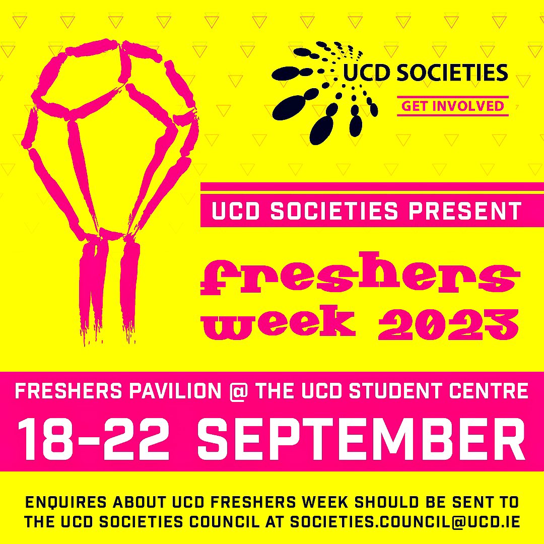 It’s back! #ucdsocieties present UCD Freshers Week 2023! 💃 🕺 Cant wait!

@myucd #helloucd @UCDstudents #ucd #dublin