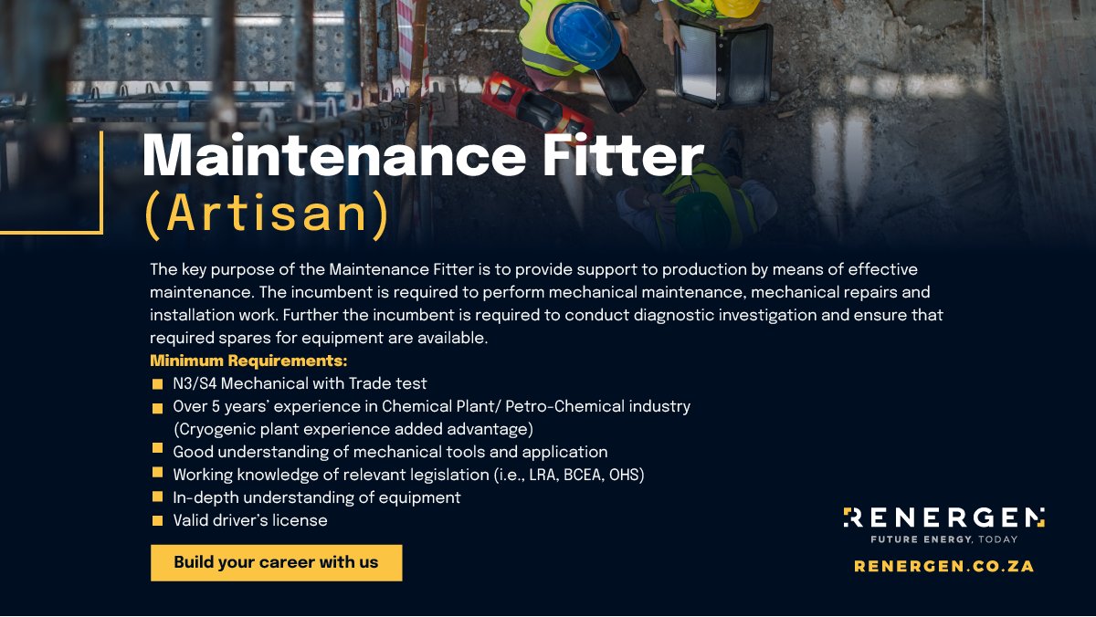 RenergenJHB's tweet photo. Join our team at Renergen! We're currently seeking an experienced Maintenance Fitter (Artisan) to support our operations with key maintenance duties. 
Interested? Apply here: https://t.co/7SwTILgTFJ  #MaintenanceFitter #JobOpportunity https://t.co/sGSAWmTYQn