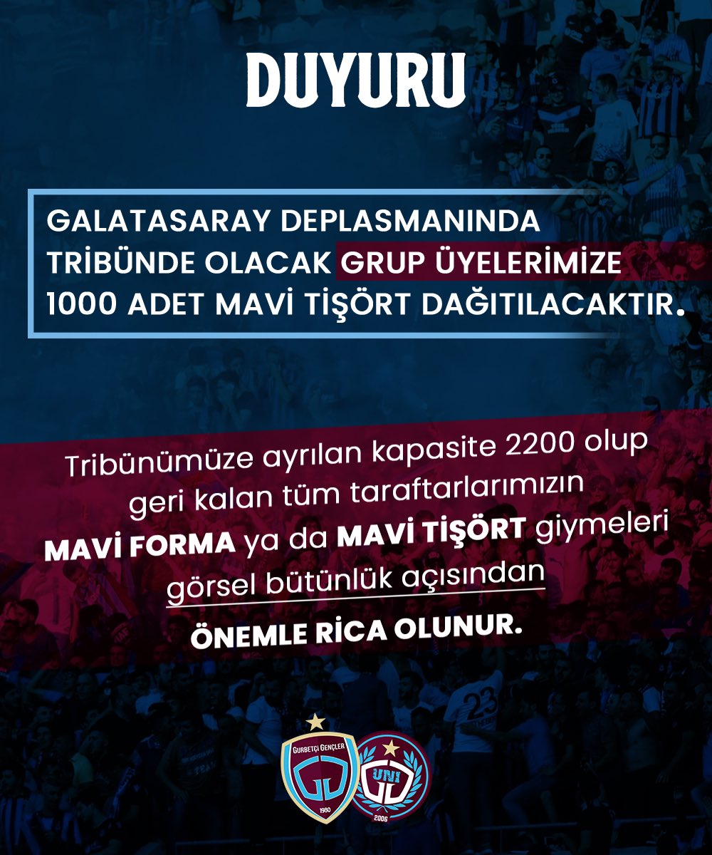 GurbetciGencler's tweet photo. 📣 Galatasaray deplasmanında tribünde olacak grup üyelerimize 1000 adet mavi tişört dağıtılacaktır.

Geri kalan tüm taraftarlarımızın MAVİ FORMA ya da MAVİ TİŞÖRT giymeleri görsel bütünlük açısından önemle rica olunur.

#GurbetçiGençler https://t.co/PQZqm4D6l1