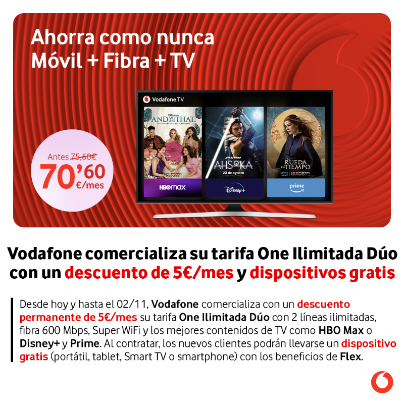 vodafone_es's tweet photo. 🔴 NUEVA OFERTA 🔴

Descuento permanente en One Ilimitada Dúo, dispositivos gratis y muchas más ofertas: descubre nuestra propuesta para la Vuelta al Cole.