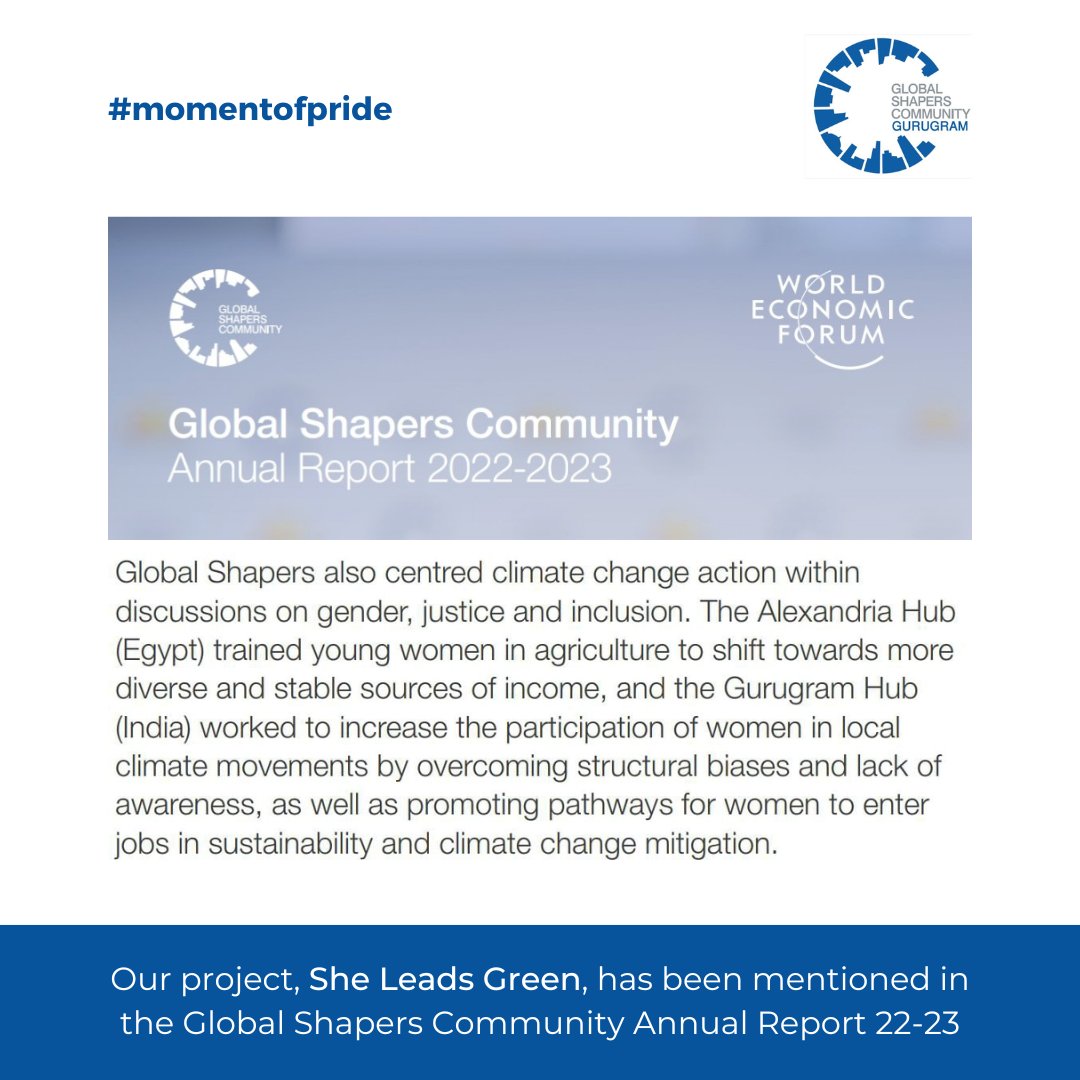 shapersgurugram's tweet photo. We are proud to share that our project, She Leads Green, conceptualized and led by @dharashah410 and @AnuritKanti has been mentioned in the Global Shapers Community Annual Report 2022-23! Click here to access the report: https://t.co/ue64odRlGG https://t.co/fhLhsw9mpz