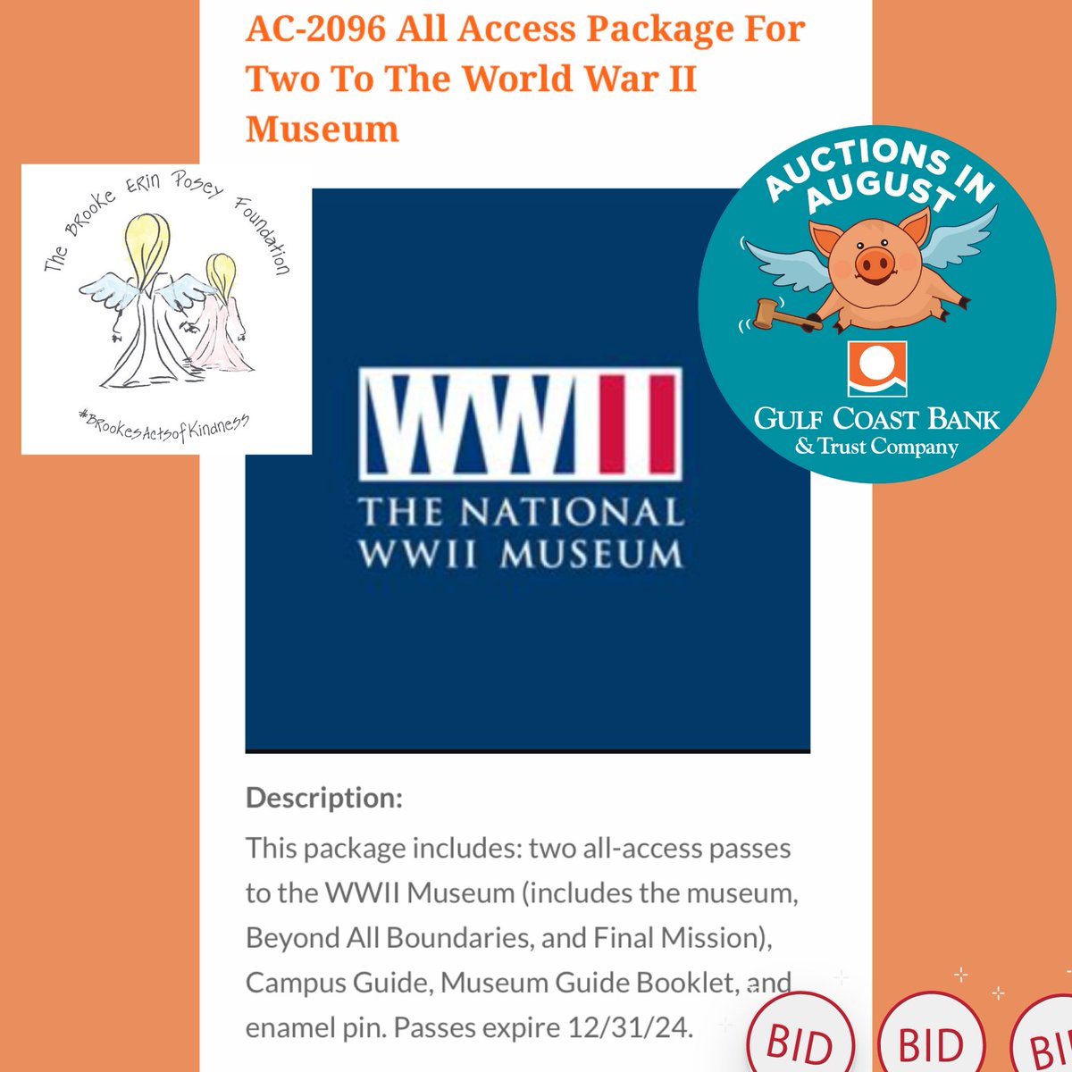 Foundation_BEP's tweet photo. Going once, going twice....⏰

Two more weeks for Auctions in August by Gulf Coast Bank &amp; Trust! 🐷

Up next for the Brooke Erin Posey Foundation is a package to the WWII Museum!  Valued at $125. 🎖Please visit https://t.co/ieMoUZ6BF1.

#Auctions #Actsofkindness #Kindnessmatters https://t.co/2YC5XWAUmU