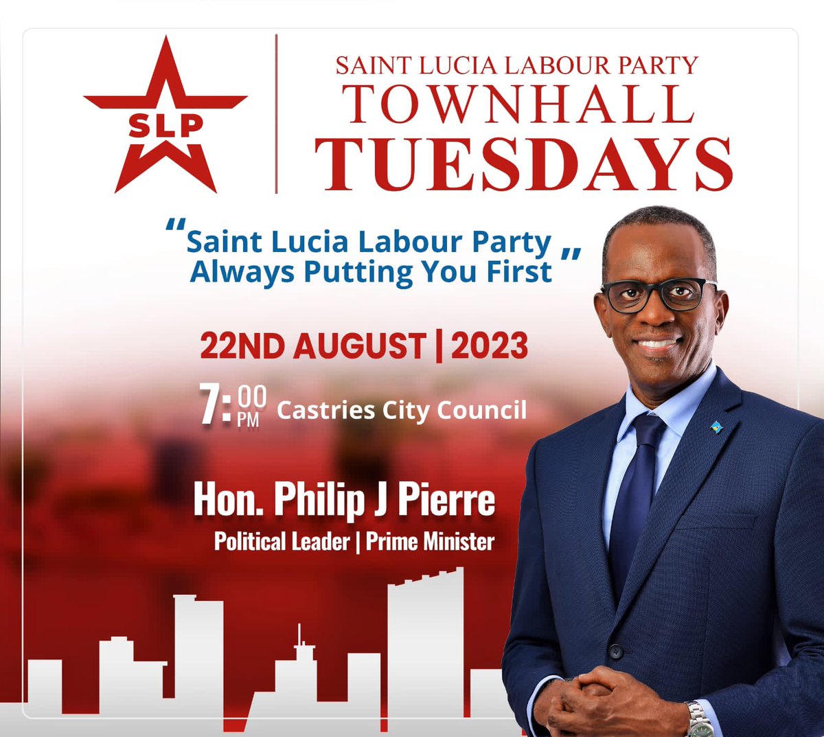 SLPStLucia's tweet photo. The Saint Lucia Labour Party invites you the people of Castries North, Castries South, Castries Central and Castries East to our next townhall meeting
On Tuesday August 22nd from 7pm at the Castries City Council.
See you there! https://t.co/0be3tXdsEh