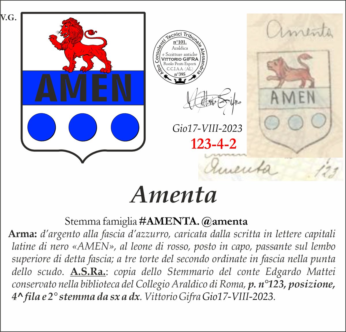 VGIFRA's tweet image. Stemma famiglia #AMENTA. @amenta
A.S.Ra.: copia dello Stemmario del conte Edgardo Mattei conservato nella biblioteca del Collegio Araldico di Roma, p. n°123, posizione, 4^ fila e 2° stemma da sx a dx. Vittorio Gifra Gio17-VIII-2023.