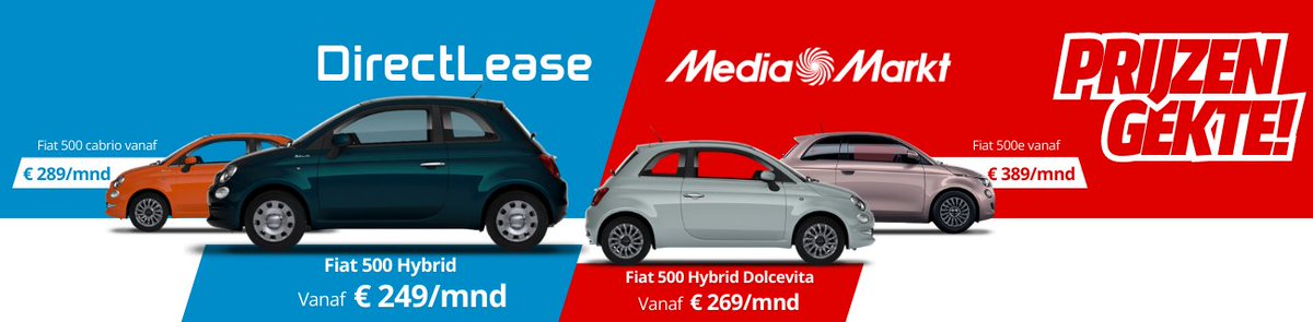 DirectLease's tweet image. 🔵𝐄𝐧 𝐰𝐞 𝐳𝐢𝐣𝐧 𝐛𝐞𝐠𝐨𝐧𝐧𝐞𝐧!🔴

Onze gezamenlijke private lease actie met @mediamarkt_nl is van start gegaan. Pak jouw kans om al vanaf €249/mnd een Fiat 500 te private leasen. Maar wees er snel bij: deze superdeal geldt 𝐭/𝐦 𝟑 𝐬𝐞𝐩𝐭𝐞𝐦𝐛𝐞𝐫! 

#privatelease