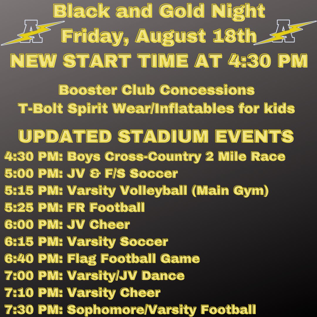 vjabolts's tweet photo. Friday Black and Gold Night
Another program added to the event
Festivities now begin at 4:30 PM
@TBoltXC @Andrew_Soccer @tboltsvb
@VJA_FOOTBALL @TBoltCheer @tboltpoms @VJA_Booster
It’s going to be a beautiful night
Come out & support your T-Bolts!
Welcome to #ThunderTown ⚡️ https://t.co/G9knSQ0RgQ