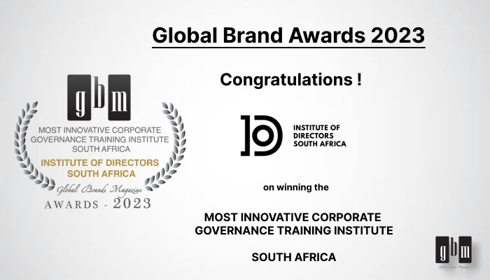 GlobalBrandsMag's tweet photo. We're thrilled to announce that the @The_IoDSA has achieved the esteemed 'Most Innovative Corporate Governance Training Institute in South Africa', at the Global Brand Awards 2023 by Global Brands Magazine! 

#IODSA #CorporateGovernanceExcellence #GlobalBrandsMagazine https://t.co/7W8uRaN3Q4