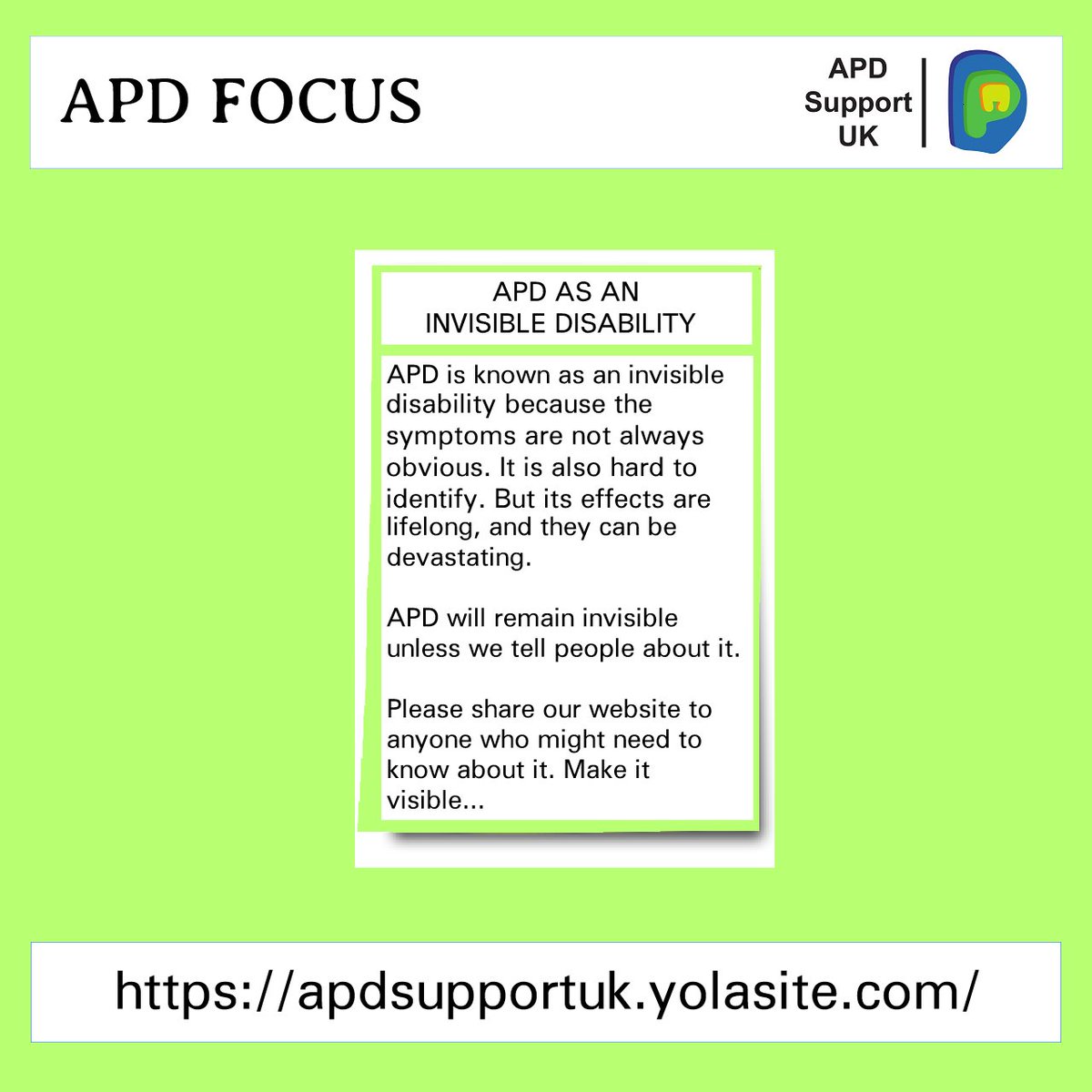APDSupportUK's tweet photo. Please share to raise APD awareness. #apdsupportuk #audiology #apd #auditoryprocessingdisorder #apdawareness #hearingdisorder #dyslexia #autism #speechandlanguage #disabilityawareness #school #invisibledisability #education #earlyintervention #inclusionmatters https://t.co/2GSCjeNxkJ