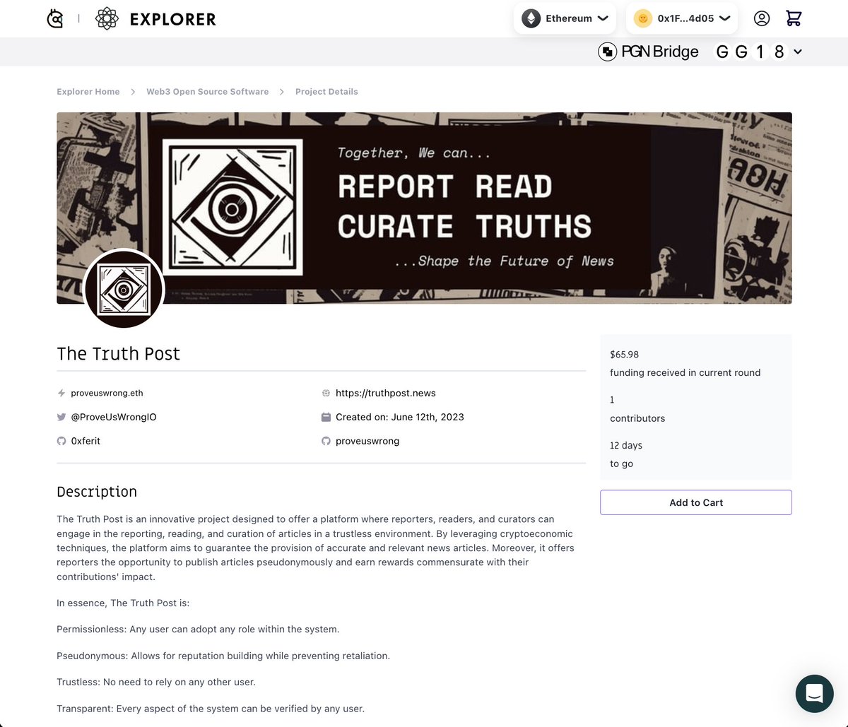 ProveUsWrongIO's tweet photo. We made it into the @gitcoin @optimism #GG18 #quadraticfunding round, and just yesterday, anons put ~65$ in to start the flow!
If you hold a #Gitcoin Passport and believe in a future with #TheTruthPost, we hope you'll consider contributing today:
https://t.co/9NIkzEHLj8 https://t.co/swDugOiv5M