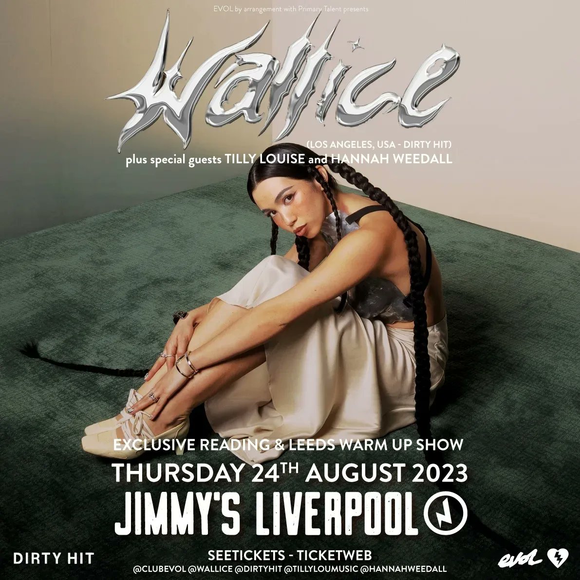 ***ONE WEEK TO GO***
Liverpool don't miss your chance to see Los Angeles <a href="/DirtyHit/">Dirty Hit</a> alt-pop sensation <a href="/wallice/">Wallice</a>, intimately at @JimmysLiverpool before she heads to <a href="/OfficialRandL/">Reading & Leeds Fest</a>! Support is from <a href="/tillyloumusic/">tilly louise</a> &amp; Hannah Weedall. Get tickets: seetickets.com/event/wallice/… 📸 Nicole Busch