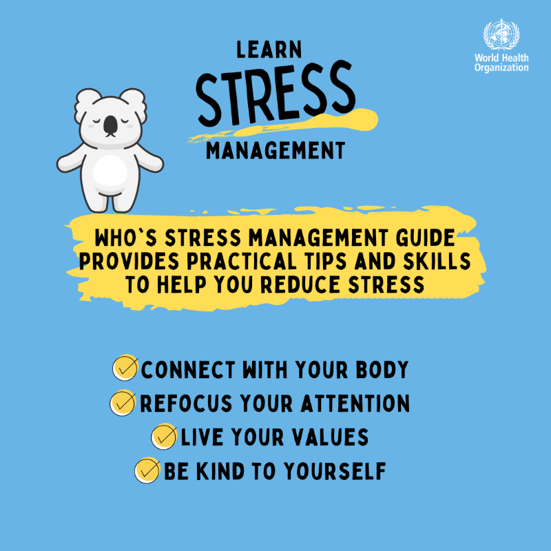 WHO's tweet photo. Feeling stressed?

WHO's #stress management guide is full of tips and techniques to help you cope.

In just a few minutes each day, you can learn what to do in times of stress ⬇️