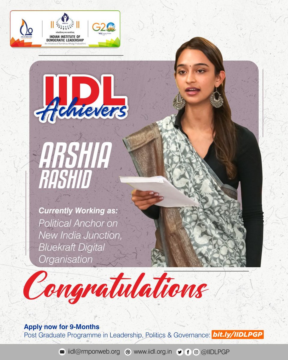 iidlpgp's tweet photo. #IIDL- Indian Institute of Democratic Leadership’s Batch 6 student - @arshia_rashid is currently working at @BlueKraft
You can be one of the #IIDLAchievers too.
Apply now to #JoinIIDL's PGP 2023-24 Batch➡️ https://t.co/MN4lJeNlG0
#IIDLPGP https://t.co/hsAQswYNWj