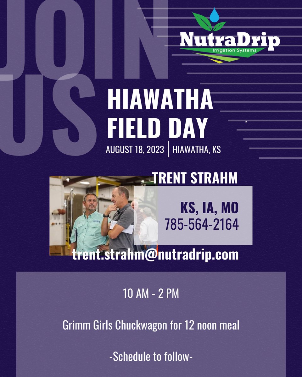 NutraDrip's tweet photo. We're looking forward to our Hiawatha field day on August 18th! We hope to see you there!

#nutradrip #dripirrigation #netafim #growmorewithless  #irrigation #dripsystem #irrigationsystem #agriculturalirrigation #agricultureworld #agtech https://t.co/CtqwqG6Tv5