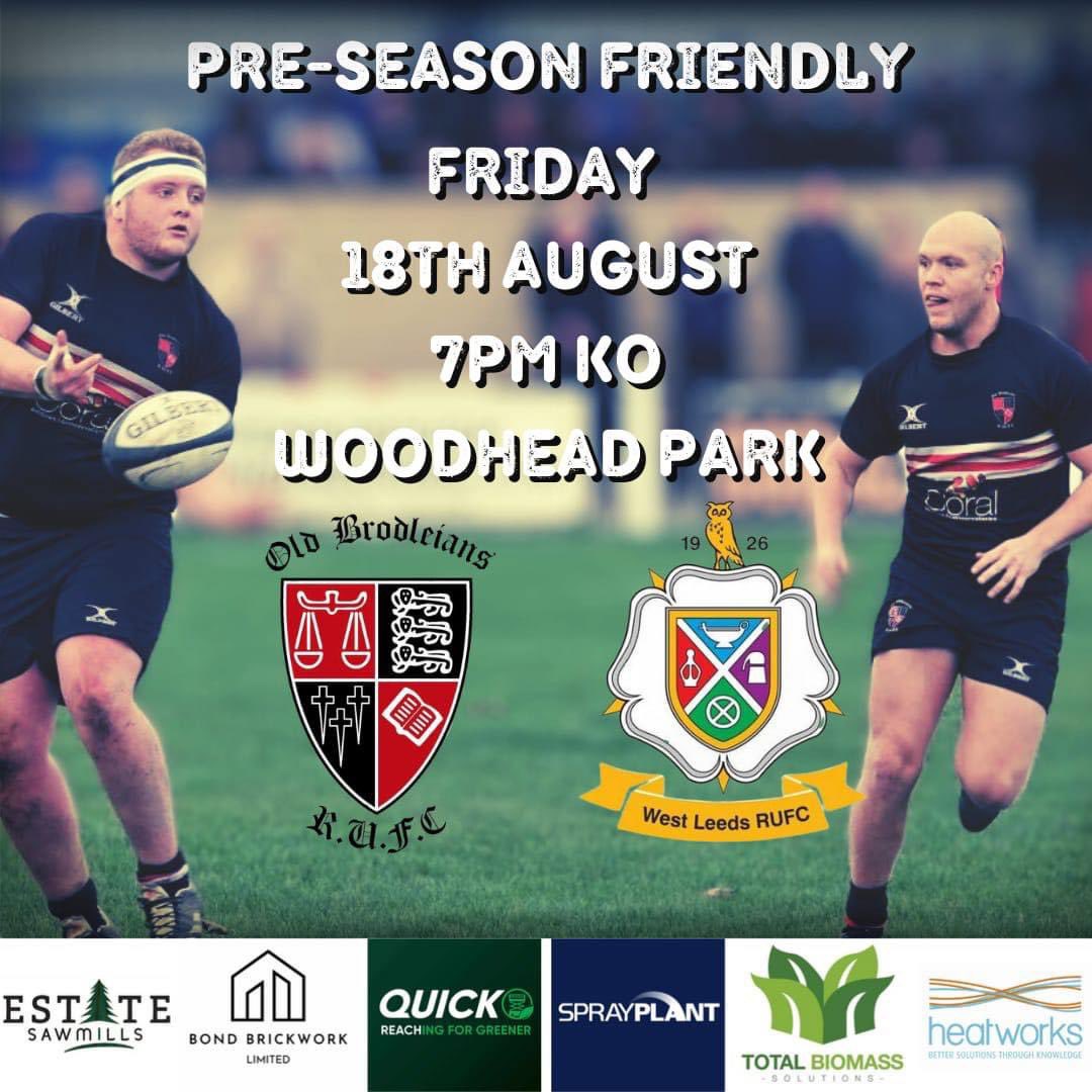 RUGBY IS BACK AT WOODHEAD | Pre-season friendly this Friday

It’s a 7pm kick off as our men’s seniors take on <a href="/WestLeedsRUFC/">West Leeds RUFC</a> here in Hipperholme 

A great opportunity to see how the squad is shaping up for the forthcoming season

#UpTheBrods 

⚫️⚪️🔴