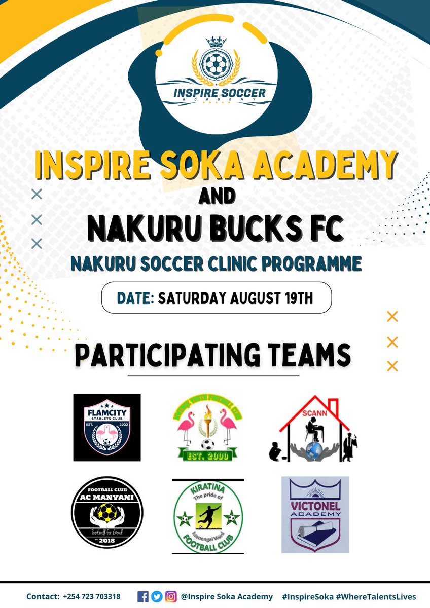 1 day to go! 🤝

Brace yourselves for an epic series of events as as these teams gear up to participate in the Inpire SOKA X NAKURU BUCK Soccer Clinic! 🏆 ⚽️ 

This Saturday and Kisulisuli grounds, Nakuru. 

Don’t miss out

#Footballke #developmentfootball #football