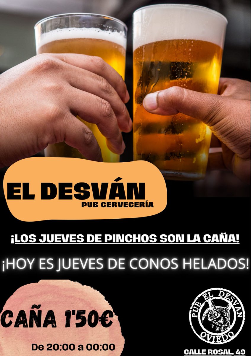 ElDesvanPub's tweet photo. Por fin JUEVES
Y en el desvan son la caña, jueves de pinchos. Os esperamos, cada día somos más.
#desvan #pinchos #caña #Verano2023 #Oviedo https://t.co/WABo59tOHo