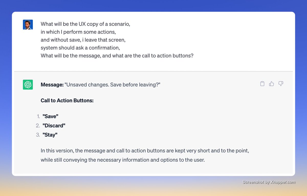 waleed_maalik's tweet photo. #ChatGPT saves a lot of time for me.
I found a beneficial #UXcopy from it.
#buildinpublic https://t.co/vTSLoLnjnC