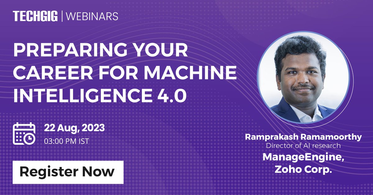 #NewWebinar
Learn all about #MachineLearning & #ArtificialIntelligence, & how can one go about defining their #career in this field from our speaker Ramprakash Ramamoorthy, Director- AI research, ManageEngine, Zoho Corp. Register Now 🔗bit.ly/3OyDYmi 

#TechGig #Webinar