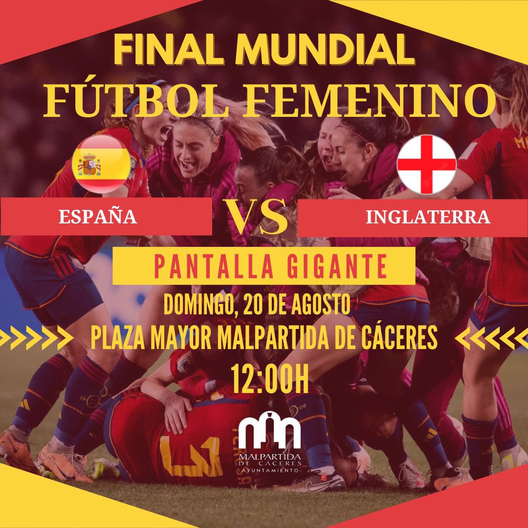 Paulaamar00's tweet photo. Malpartida de Cáceres (@Malpartida_cc ) se une a los sitios de España donde se pondrá la final del Mundial entre España e Inglaterra 

Que importante es que los pueblos se hagan eco de este hecho y se siga apostando por visibilizar el fútbol femenino https://t.co/U88MMRWnB6