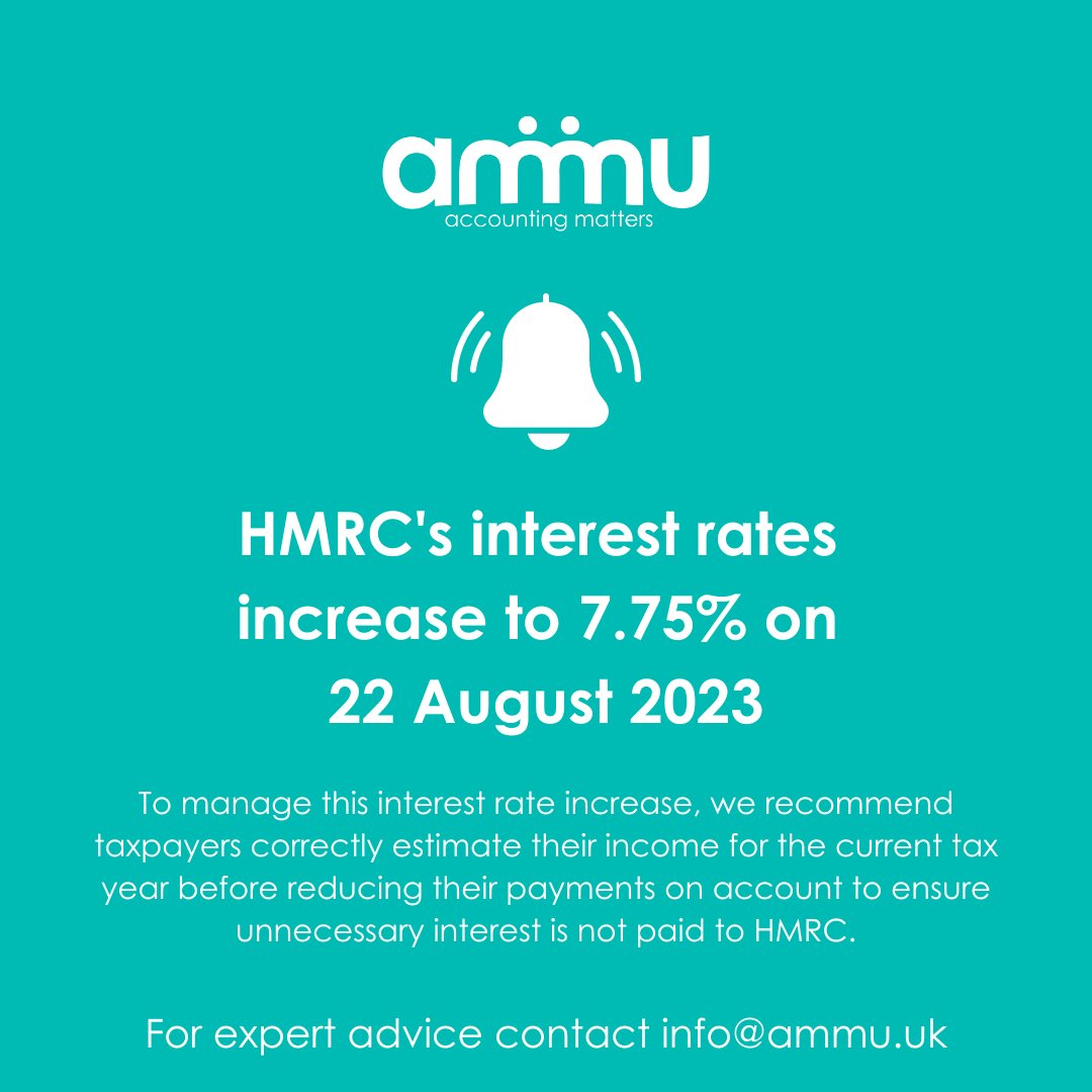 🔔 Important Update! HMRC's interest rates are on the rise, reaching 7.75% on 22 August, while their repayment interest is increasing to 4.25%. 

Get in touch for expert advice on correctly reducing payments on account. 

Email Emily at info@ammu.uk