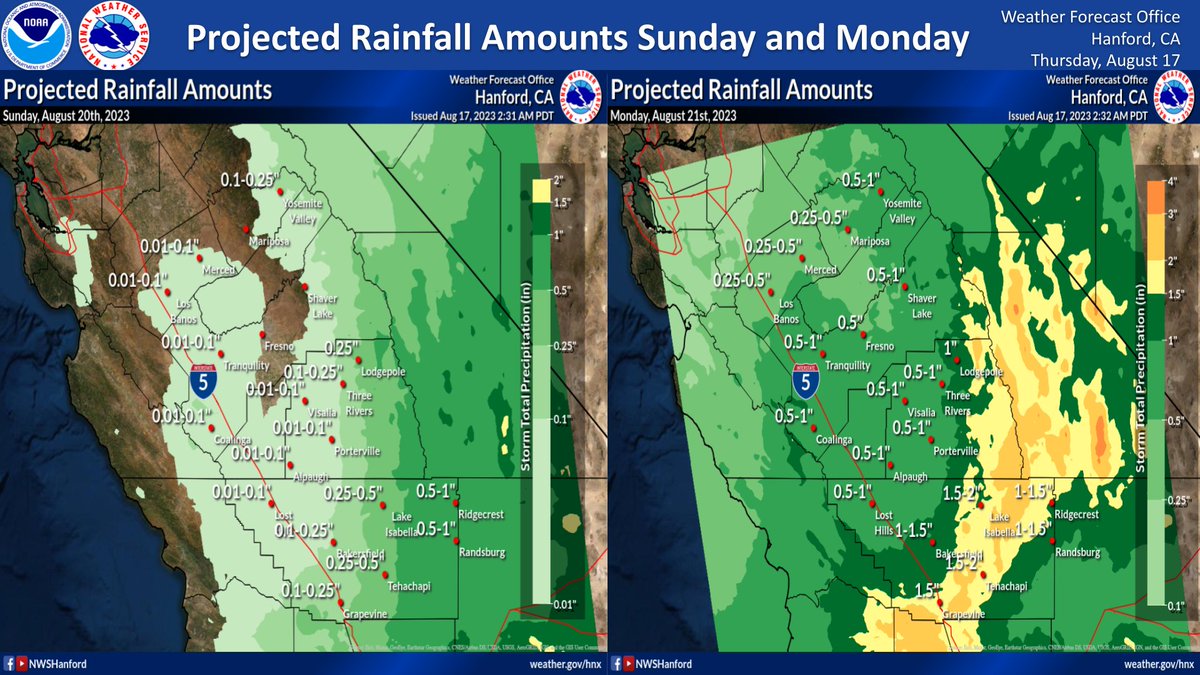 NWSHanford's tweet photo. Atmospheric moisture from Tropical Storm #Hilary will move northward into Central California Sunday night and Monday, resulting in an increasing chance of rain. There is a slight risk (15-40%) of excessive rainfall south of Madera County Monday. #CAwx https://t.co/hQbNtsHdbt