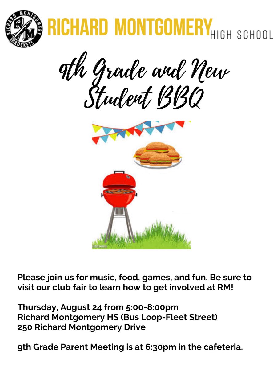 Please join us from 5-8 pm on Aug 24 for good food and an intro to the RM community. @RMHS_principal