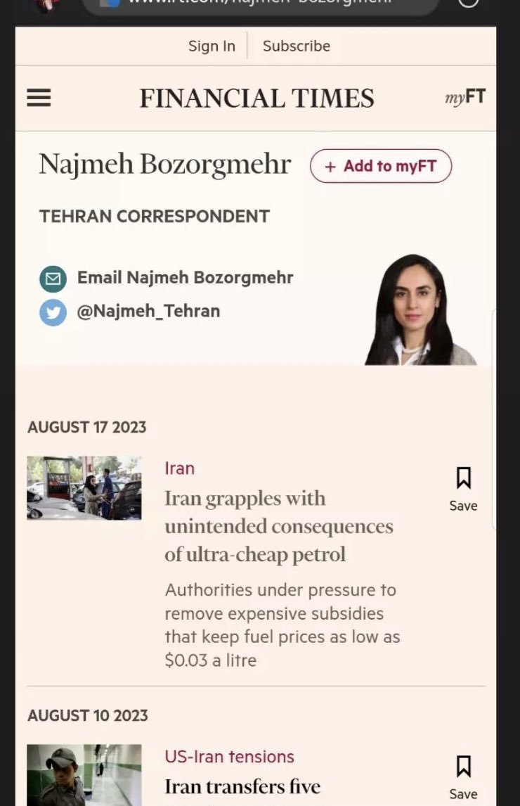 ایشون خانم #نجمه_بزرگمهر هستند ماله کش نظام در نشریه financial times که درست وسط جنجال سر قیمت بنزین مقاله نوشته که قیمت بنزین در ایران از همه جای دنیا کمتره، کاش مینوشتی که درآمد مردم‌ایران و کیفیت خودروهای تولید شده و مالیات گمرکی واردات خودرو توی ایران هم چقدره، زرنگ خانم‌