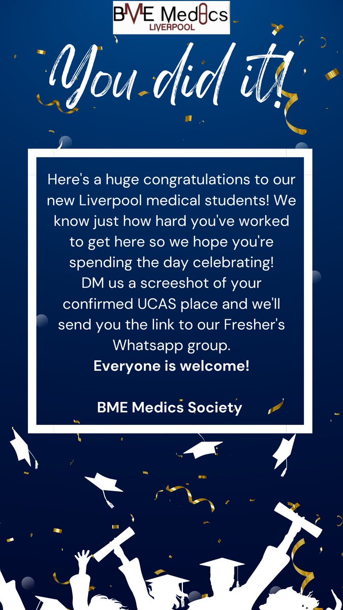 Congratulations to the brand new Liverpool 23/24 medical cohort! We are so excited to have you join us. Send us a DM with a screenshot of your UCAS confirmation and we'll add you to our freshers chat. 

Everyone is welcome 😊
#alevelresultsday #liverpoolmedicalschool #bmemedics