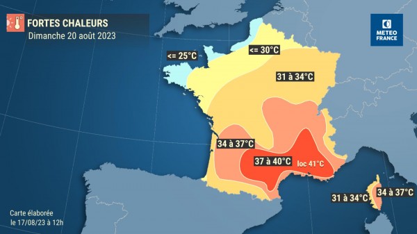 ⚠️🌡️ Fortes #chaleurs
En cette fin de semaine, températures mini et maxi montent d'un cran (seules côtes de Manche et Bretagne conserveront des T°C max. < à 30°C).

Voici les températures max. attendues jusqu'à dimanche ⤵️

🟠#vigilanceorange #canicule 
👉vigilance.meteofrance.fr
