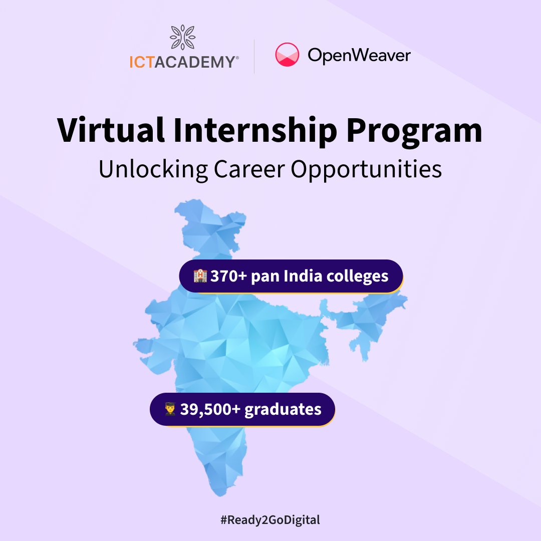 OpenWeaverInc's tweet photo. @ictacademyindia & #OpenWeaver launch the #VirtualInternshipProgram. We are glad to empower thousands of students with technology skills & ready-to-go digital. #Ready2GoDigital
The inaugural batch of this program saw over 🧑🏼🎓39,500 graduates from over 🏫 370+ institutions. https://t.co/i4Hl8jh296