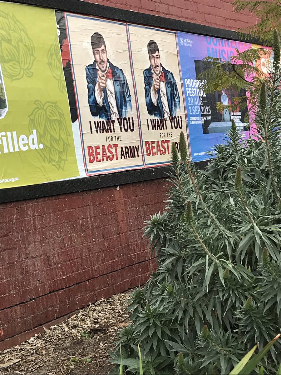 Silvern_Kat's tweet photo. Why are there a bunch of mr beast posters in a ww2 propaganda style in Melbourne and why can’t I find literally anything online about it what 😭😭😭 https://t.co/UHb4fHodH7