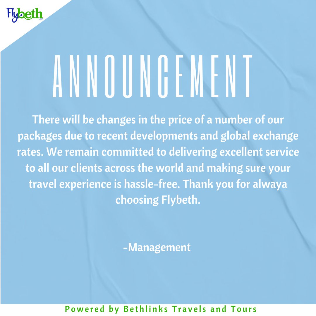 FlyBeth_'s tweet image. There have been slight changes in our package prices due to recent developments. New prices will be announced soon. 

Live. Travel. Explore 📍

#travelblogger #travelagent #travelnews