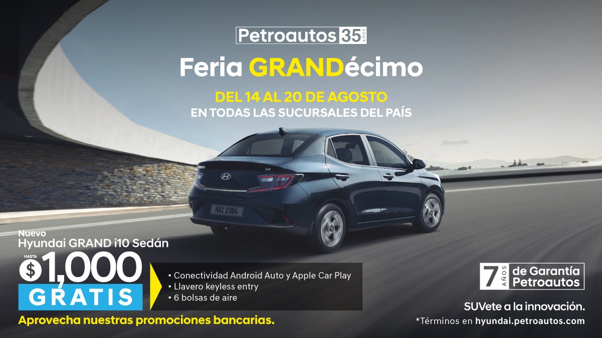 Disfruta de tu GRANDécimo de agosto y aprovecha tu #Hyunsai Grand i10 con B/. 1,000 de bono para que lo apliques como quieras.🤑🚘

🚘🤩 Es momento de llevarte un gran auto del 14 al 20 de agosto.

bit.ly/CotizaGrandi10…