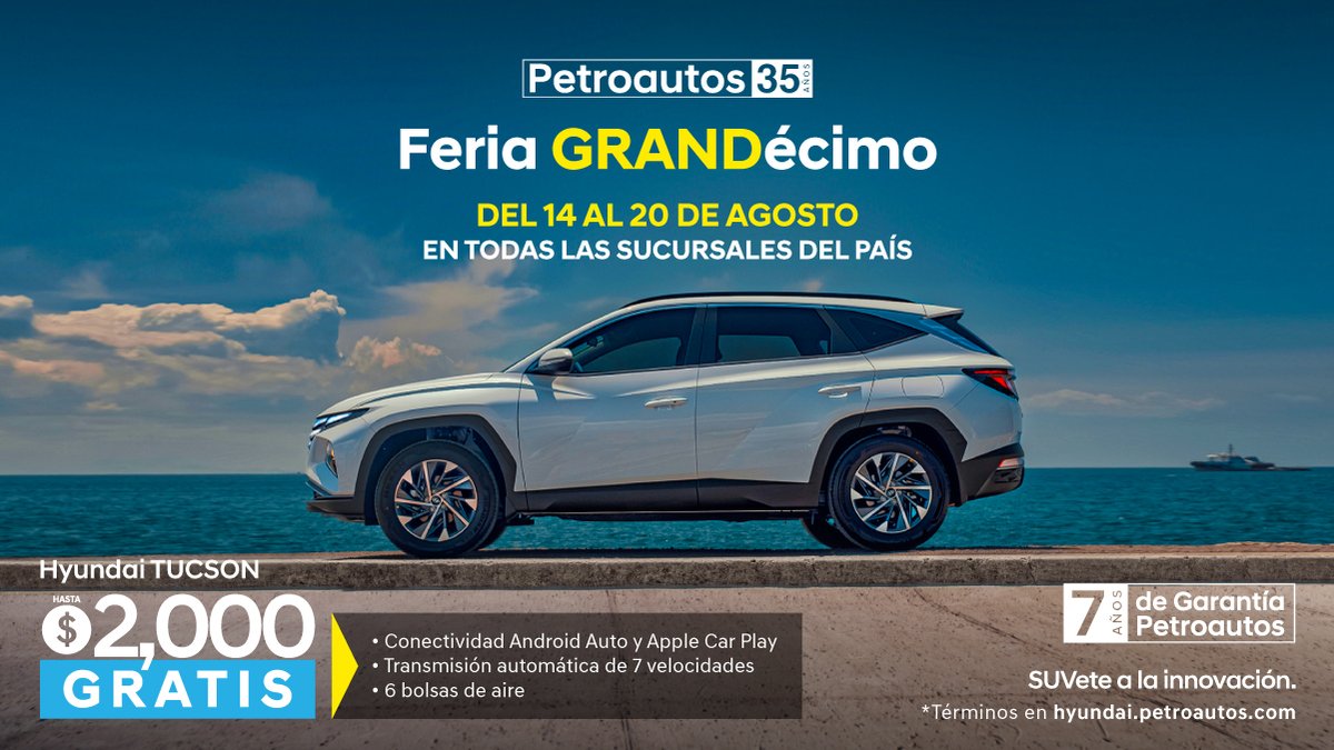 Del 14 al 20, te esperamos en la Feria GRANDécimo de agosto.

#SUVete a esta gran promo y recibe B/.2,000 de bono para aplicarlo como quieras en tu modelo #Hyundai TUCSON.
bit.ly/CotizaTucson-IG