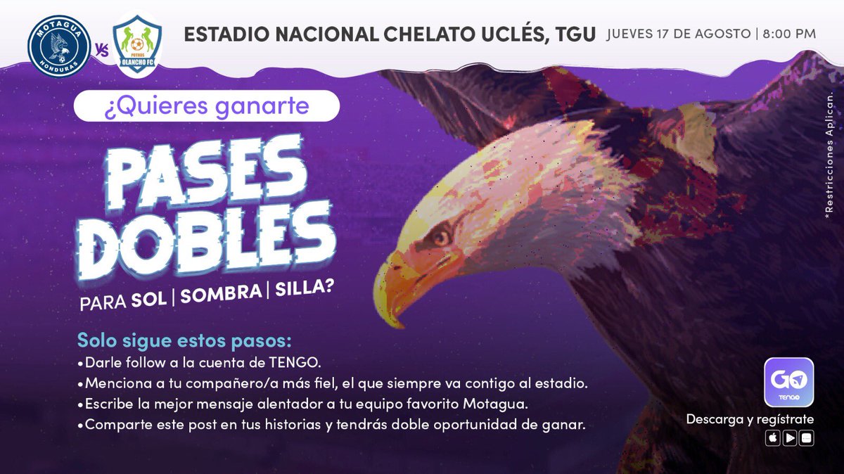 TENGOHonduras's tweet photo. ¡Muestra tu pasión por el ciclón azul! 🦅💙
Gánate pases dobles 🥳
Sigue estos pasos:
1. Dar follow a la cuenta de TENGO
2. Menciona a tu compañer@ más fiel que siempre te acompaña al estadio 
3. Escríbele un mensaje alentador a tu equipo favorito @MOTAGUAcom 
¡Suerte a todos! 🚀 https://t.co/bu0qBQIHni