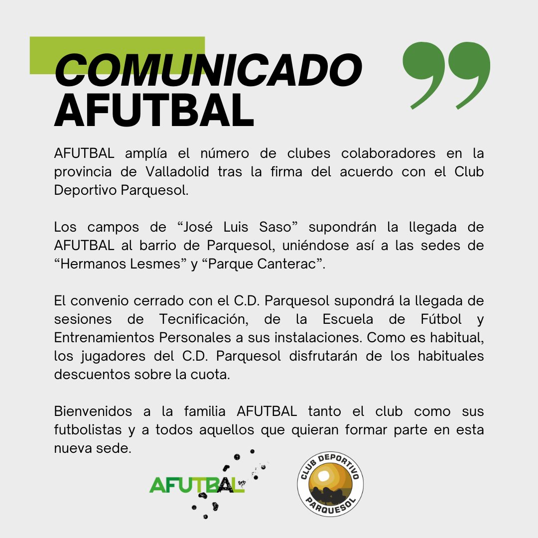 COMUNICADO AFUTBAL 
Acuerdo con el C.D. Parquesol 
#afutbal #academia #futbol #dejahuella #comunicado #acuerdo #nuevasede #valladolid #academia #futbol #tecnificacion #cdparquesol