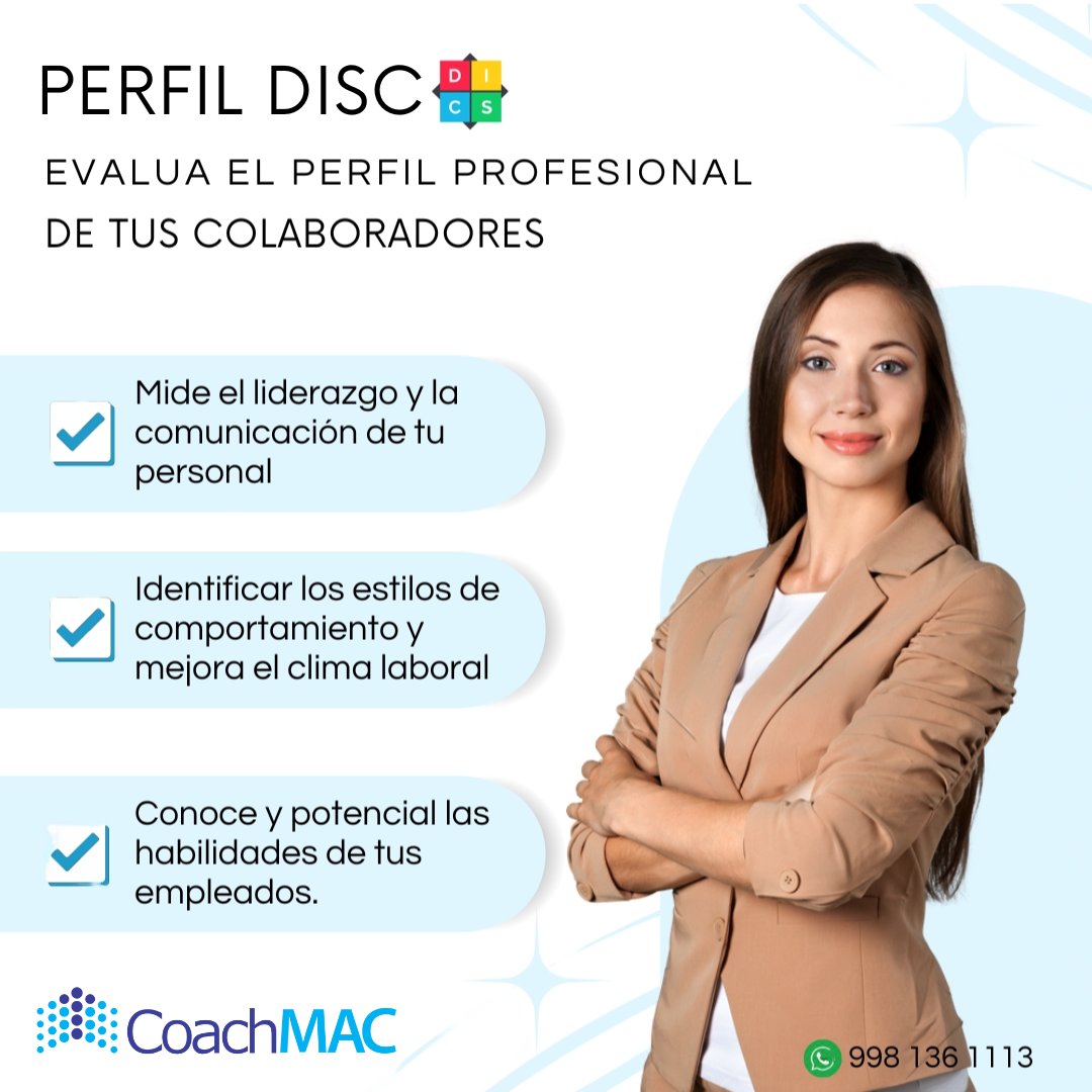 CoachMACMx's tweet photo. ¿Sabías que para incrementar la efectividad de tu equipo de trabajo debes conocer sus perfiles de personalidad DISC?🤔
El DISC mide patrones de comportamiento y es muy útil al diseñar puestos de trabajo y definir la persona ideal para desempeñar las funciones del puesto. https://t.co/t7R2xfngXo