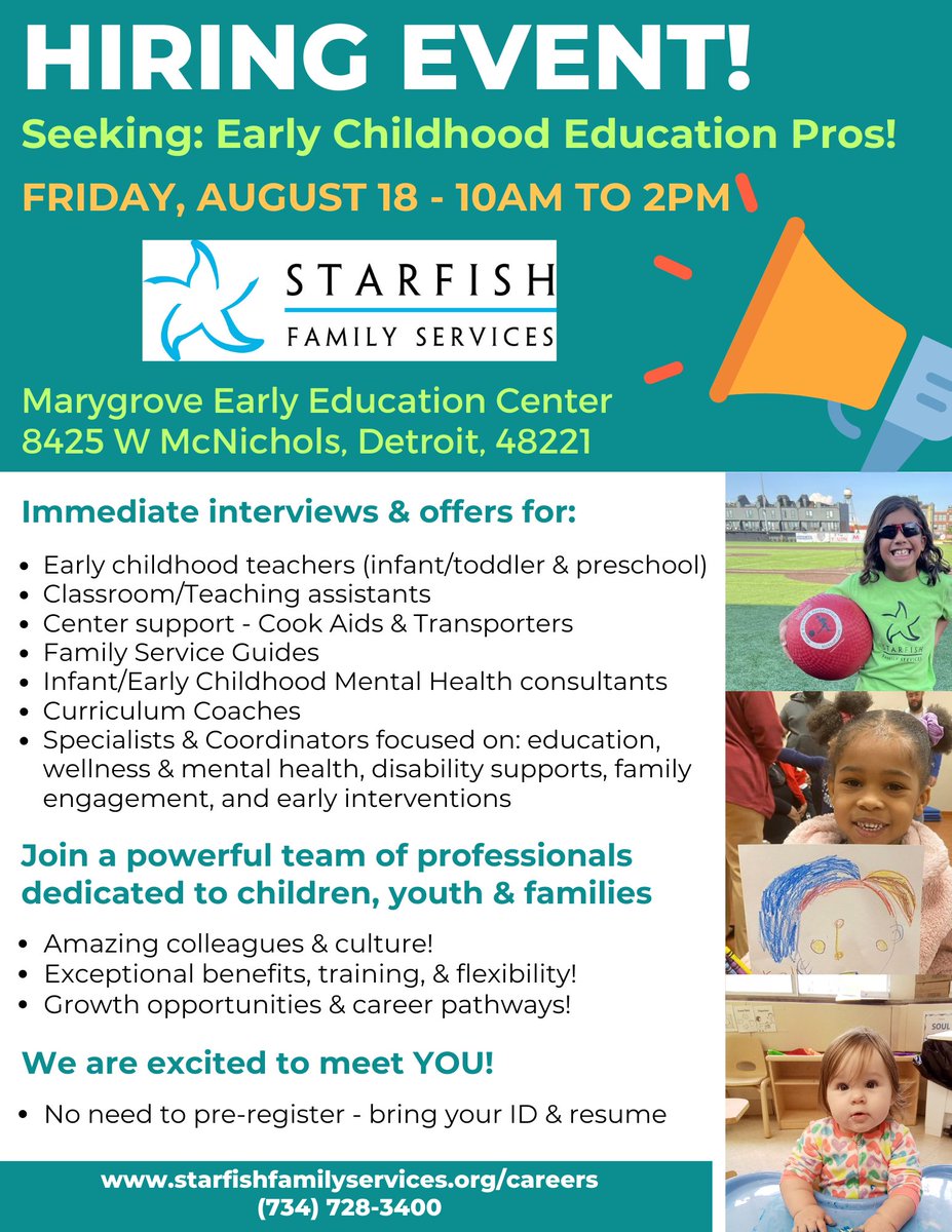 How Hiring! Join Starfish for an in-person Early Childhood Education career event on Thursday! Info below! #nowhiring #education #families #wellness #awesome #teacher