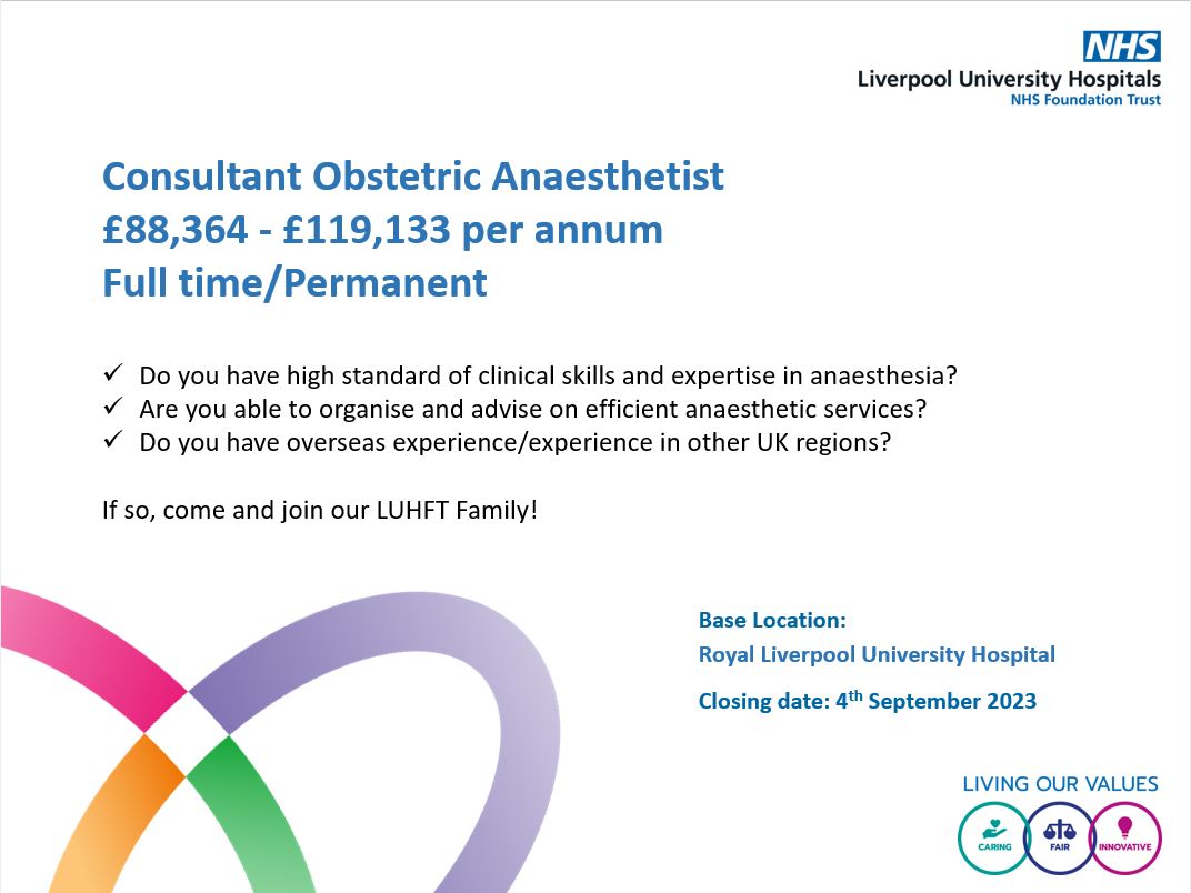 Applications are invited for the post of Consultant Obstetric Anaesthetist 📣

If this role interests you, please apply via the link below!

tinyurl.com/t469su5t

#TeamLUHFT #NHS #NHSJOBS #NHSCAREERS #Jobs #Liverpool #consultant #obstetricanesthesia