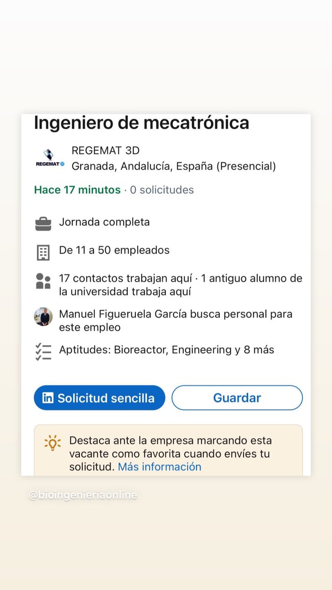 🔝Eres ingeniero electrónico/mecatrónico y buscas nuevos retos? Te apasiona la impresión 3D y sus aplicaciones en bioingeniería? 🦾🔬🧫 

🔹<a href="/REGEMAT3D/">REGEMAT3D</a> incorpora un nuevo ingeniero!

🔹Aplica a través de la página de linkedin de <a href="/REGEMAT3D/">REGEMAT3D</a>

👉 linkedin.com/jobs/view/3693…