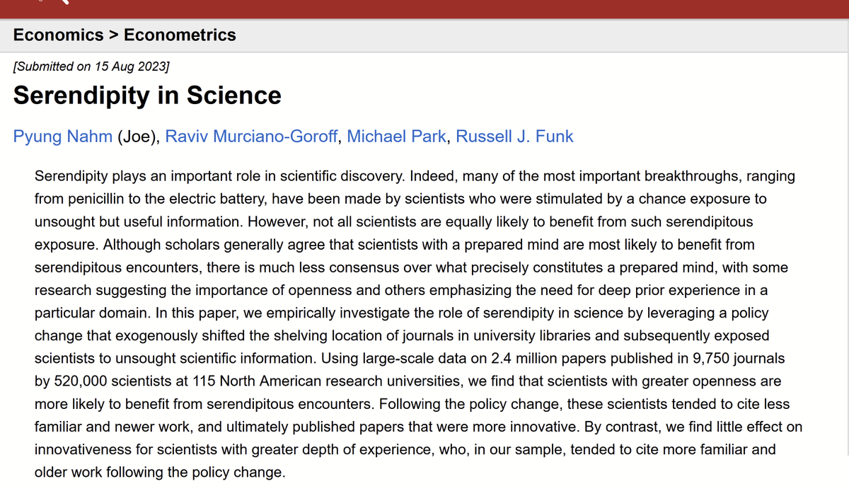 Hi #EconTwitter!

Ever wonder why so many scientific discoveries happen by 𝐜𝐡𝐚𝐧𝐜𝐞?

In this brand new paper, <a href="/pyung_joe_nahm/">Pyung (Joe) Nahm</a>, <a href="/russellfunk/">Russell Funk</a> (<a href="/UMNews/">University of Minnesota</a>), <a href="/ravivmg/">Raviv Murciano-Goroff</a> (<a href="/BU_Tweets/">Boston University</a>) &amp; Michael Park (<a href="/INSEAD/">INSEAD</a>) provide some answers to this question.

Fun to read!

arxiv.org/abs/2308.07519