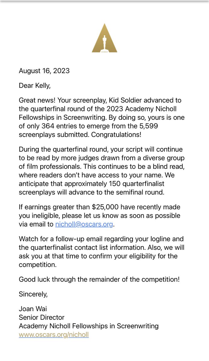 Dear Dad in Heaven. I love and miss you and I am crying right now. Your story Kid Soldier advanced to the quarterfinal round of the 2023 Academy Nicholl Fellowships in Screenwriting. #blessedbeyondwords