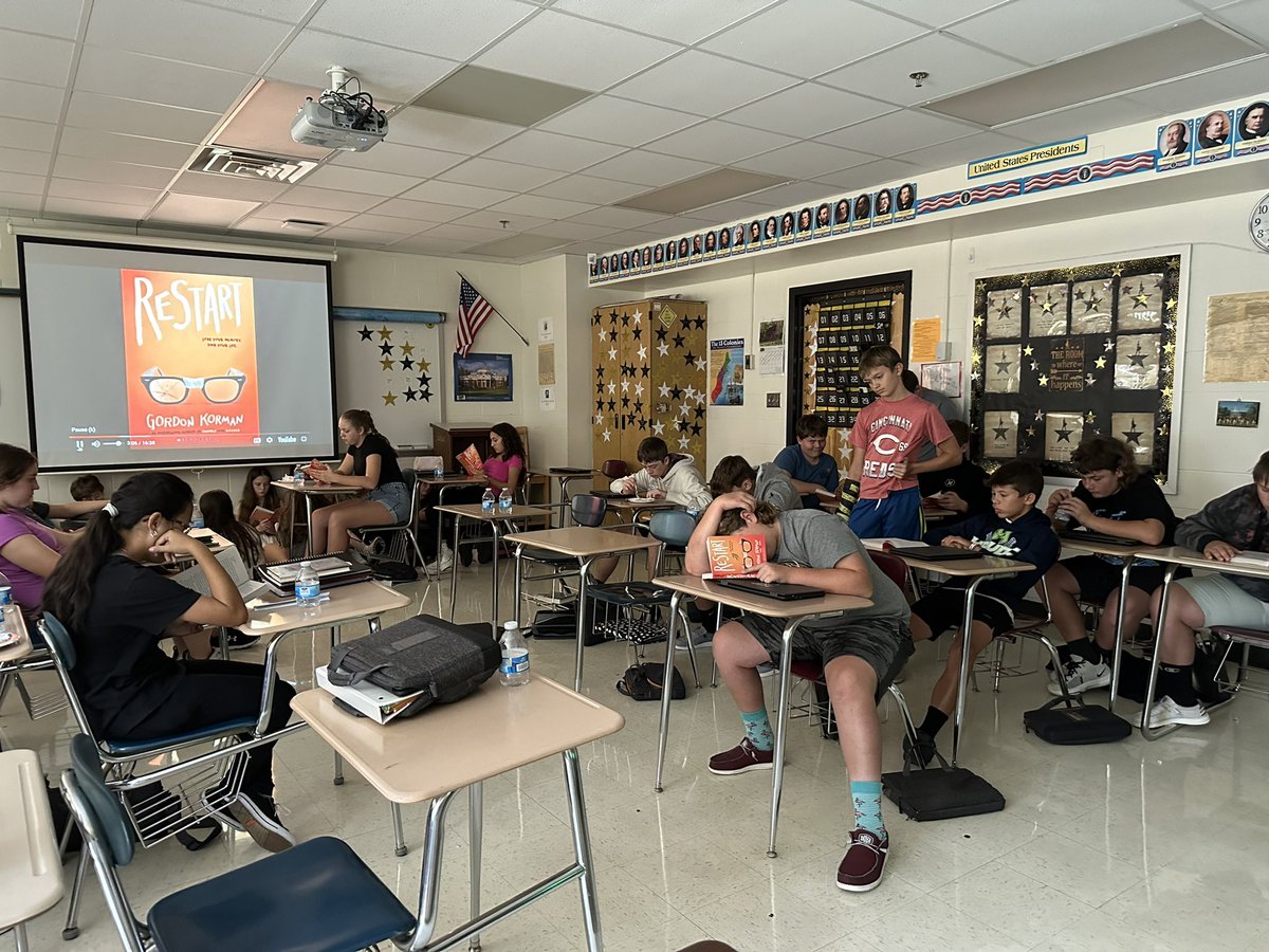 mmshistorybuff's tweet photo. This year’s book club begins with “Restart.” What a great theme for middle school. 38 students in our book club for first semester, super stoked! @gordonkorman #weRmilan @MilanSchoolCorp https://t.co/EvO0ZFfhfM