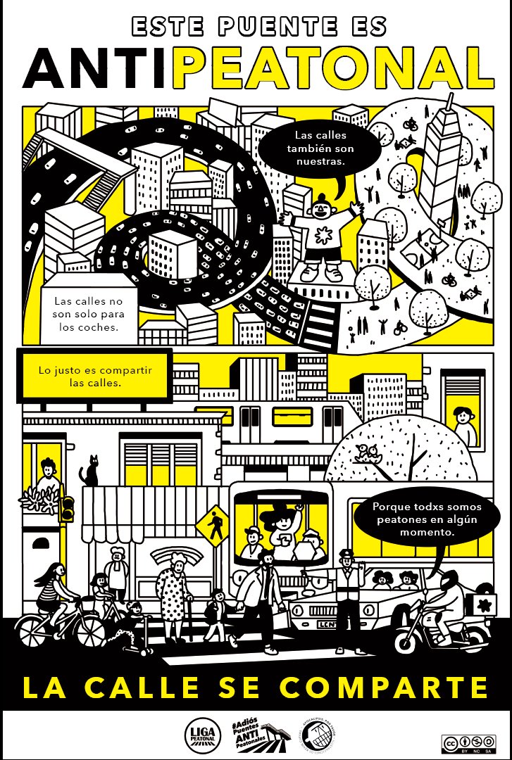 Las calles son esenciales en las ciudades, pero estas no son exclusivas de los coches, también deben permitir la convivencia,  la movilidad de personas, ciclistas, y para quienes caminamos, lo justo es compartirlas.
Porque #LaCalleSeComparte, digamos #AdiosPuentesAntipeatonales👋